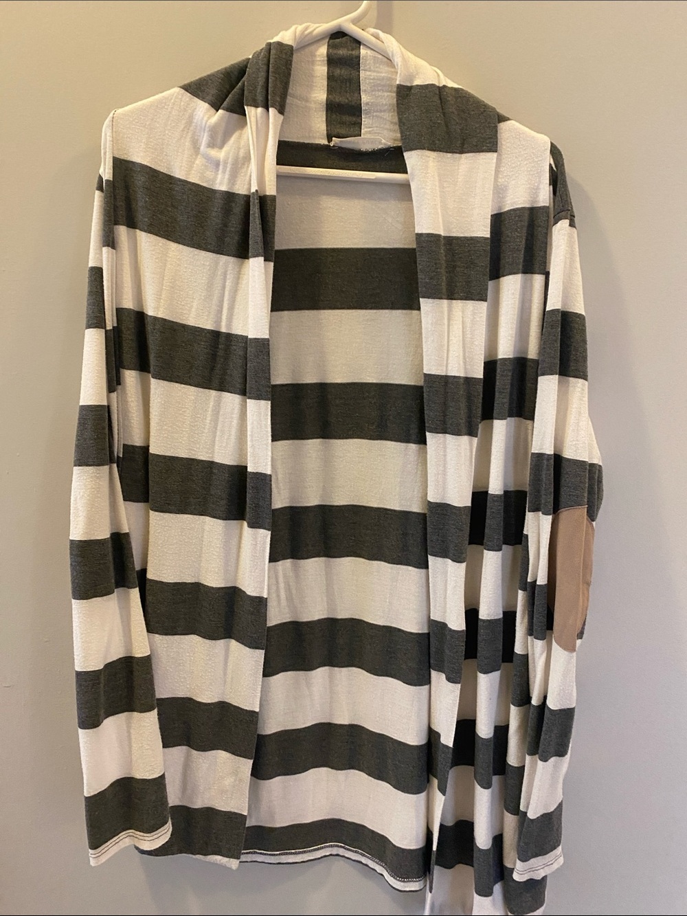 Honey Punch Gray and White Striped Open Front Cardigan with Tan Elbow Patch